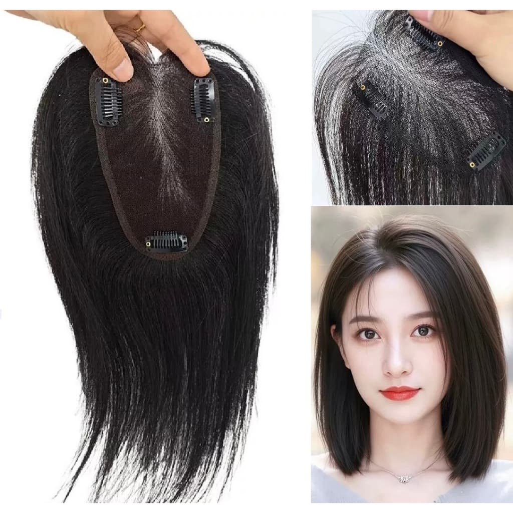Artigo decorativo Topo Topper de Cabelo Sem Costura 9x14cm Grande Área,Cabelo Humano, Leve Sem Rastros 30cm com tic-tac