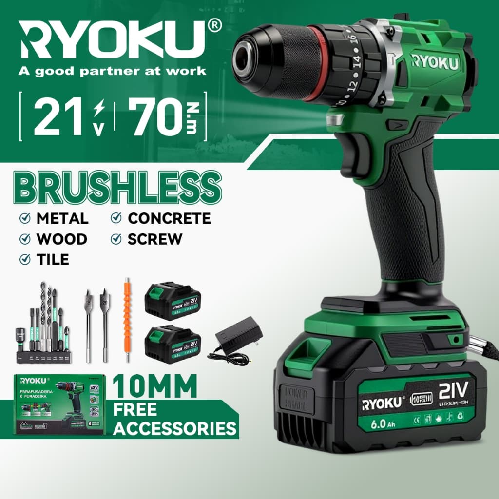 RYOKU 10MM Cordless Impacrt drill Furadeira Profissional Sem Escova Com Duas Baterias