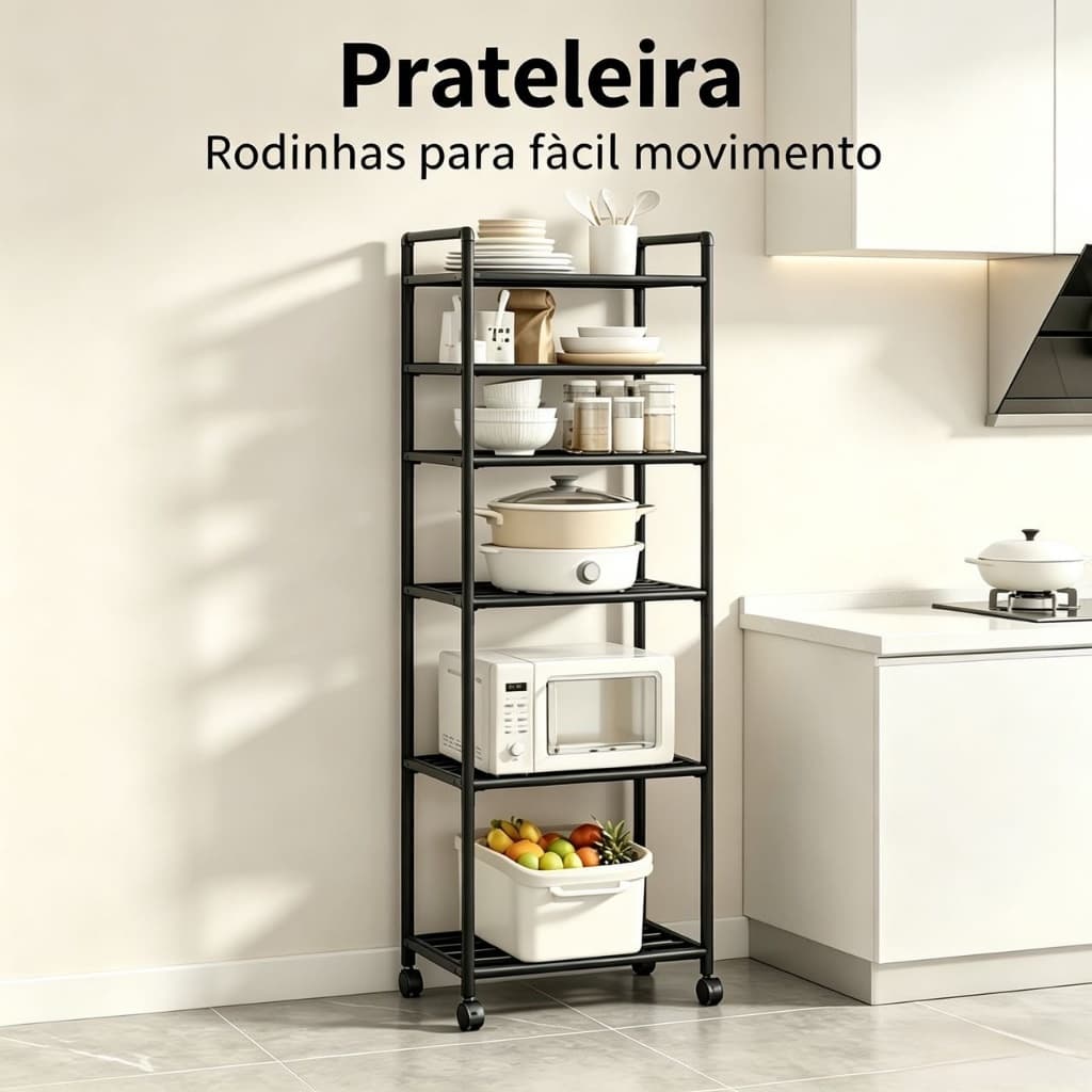 Suporte de Armazenagem PP para Cozinha, Modelos 5 e 6 Níveis com Rodas Deslizantes Multiuso