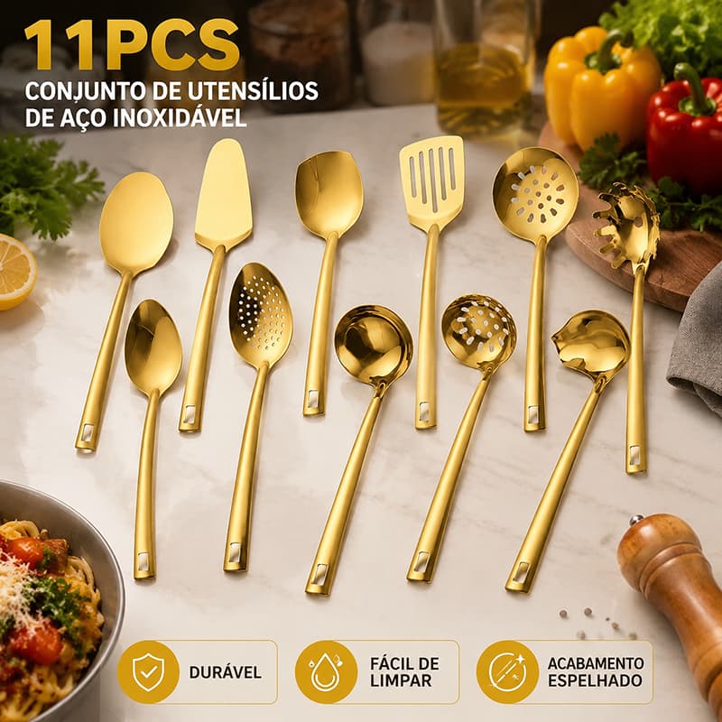 Kit 11 Peças Utensílios de Cozinha em Aço Inoxidável Dourado - conjunto de utensílios de cozinha