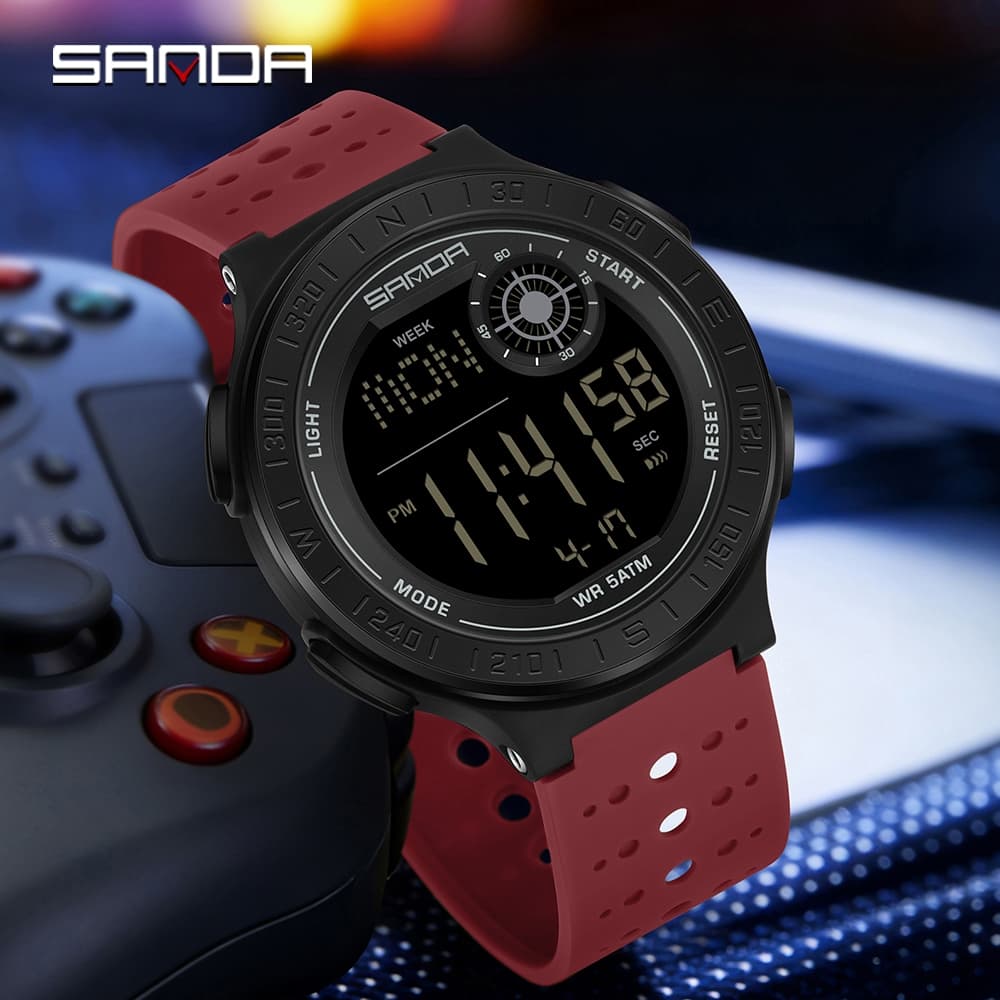 SANDA 6337 Relógio Masculino Eletrônico Esportivo À Prova D'água Luminoso Fino Multi Funcional Temporizador Despertador
