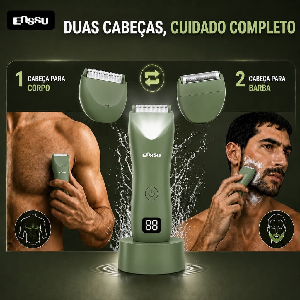Aparador Corporal Masculino 2 em 1 Sem Fio, Barbeador para Corpo, Virilha e Peito, Resistente à Água