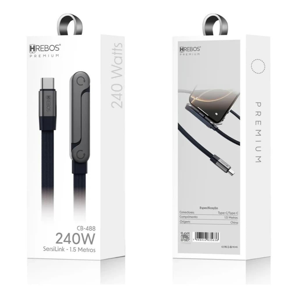 HREBOS x HEYOO Cabo Carregador Type-C 240W Ultra Rápido 2 em 1 Multifuncional com 360° Suporte giratório