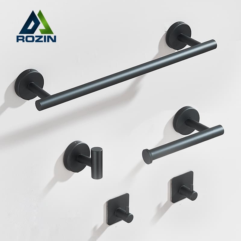 Kit Acessórios Para Banheiro Completo 5 Peças Inox 40cm Toalheiro, Gancho E Porta Papel De Banheiro