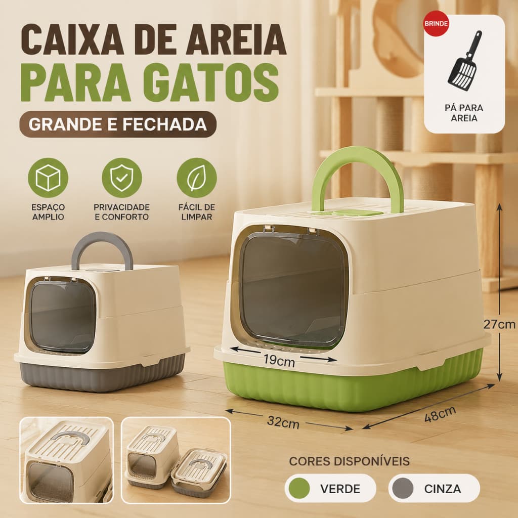 Caixa de Areia para Gatos Grandes Fechada Anti-odor com Rastelo