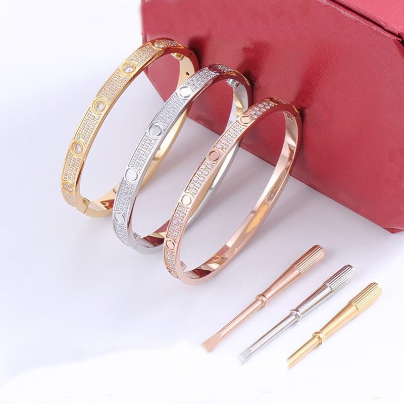 Luxo Feminino Bling Completo Zircônia Cúbica Titânio Aço Inoxidável Parafuso Amor Pulseira Jóias Presente