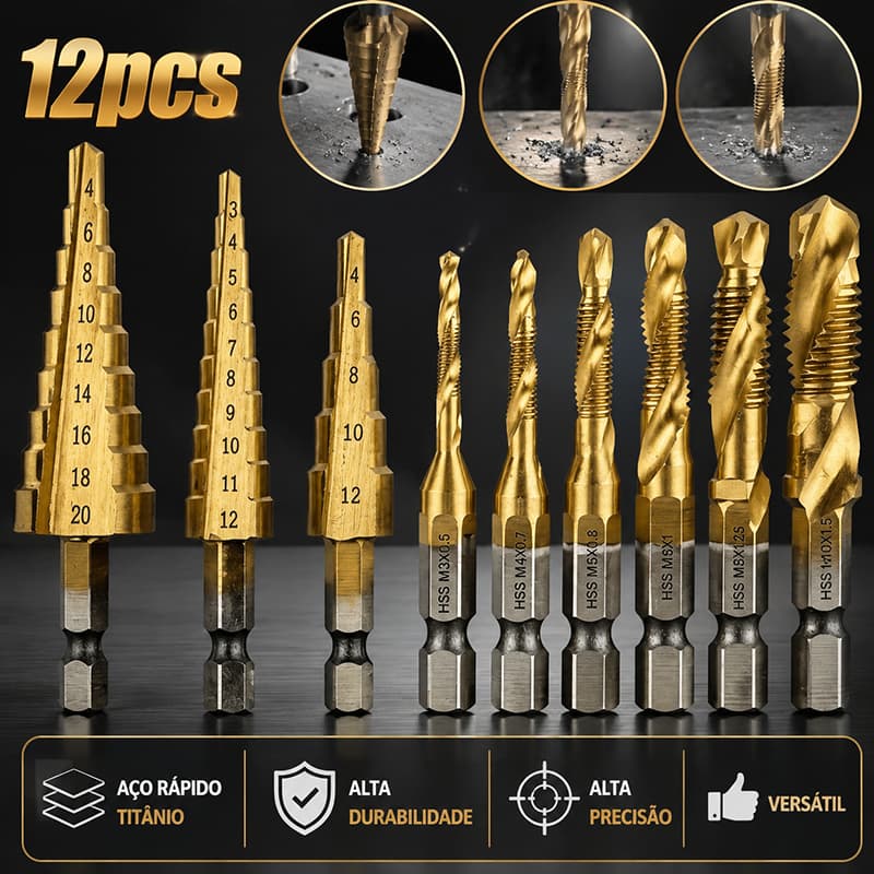 Kit 12 peças Brocas Titânio Escalonada Amarela Aço e Broca Corte Lateral Punção Marcador