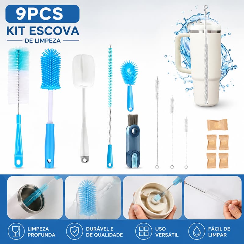 Kit 9 Peças Escovas de Limpeza Multifuncionais para Garrafas Copos Tampas e Canudos
