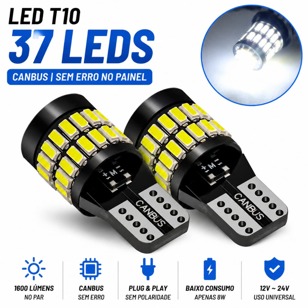 Par Lâmpadas Led Pingo T10 Projetor 37 Leds Canbus Forte 8w