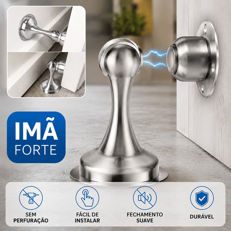 Prendedor de Porta Magnético Adesivo em Aço inoxidável com Amortecedor Fixa Porta Autoadesivo Batente de porta