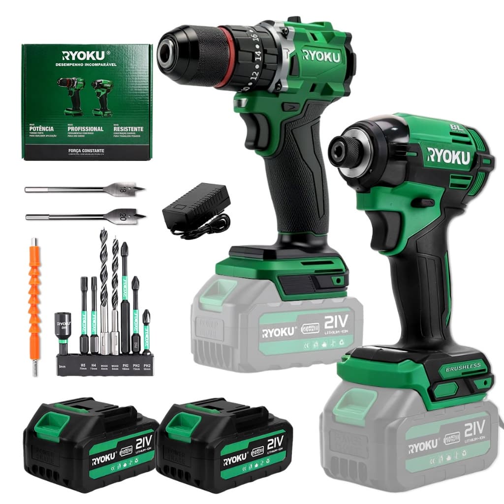 Conjunto De Ferramentas Elétricas Sem Fio RYOKU Com Furadeira Escova De 10 Mm E Chave De Impacto