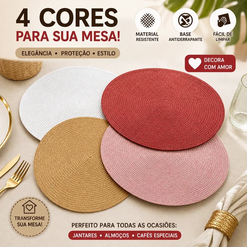 Sousplat Redondo Kit 3/6 Peças Jogo Americano, Mesa Posta Descanso de Prato Cozinha Jantar
