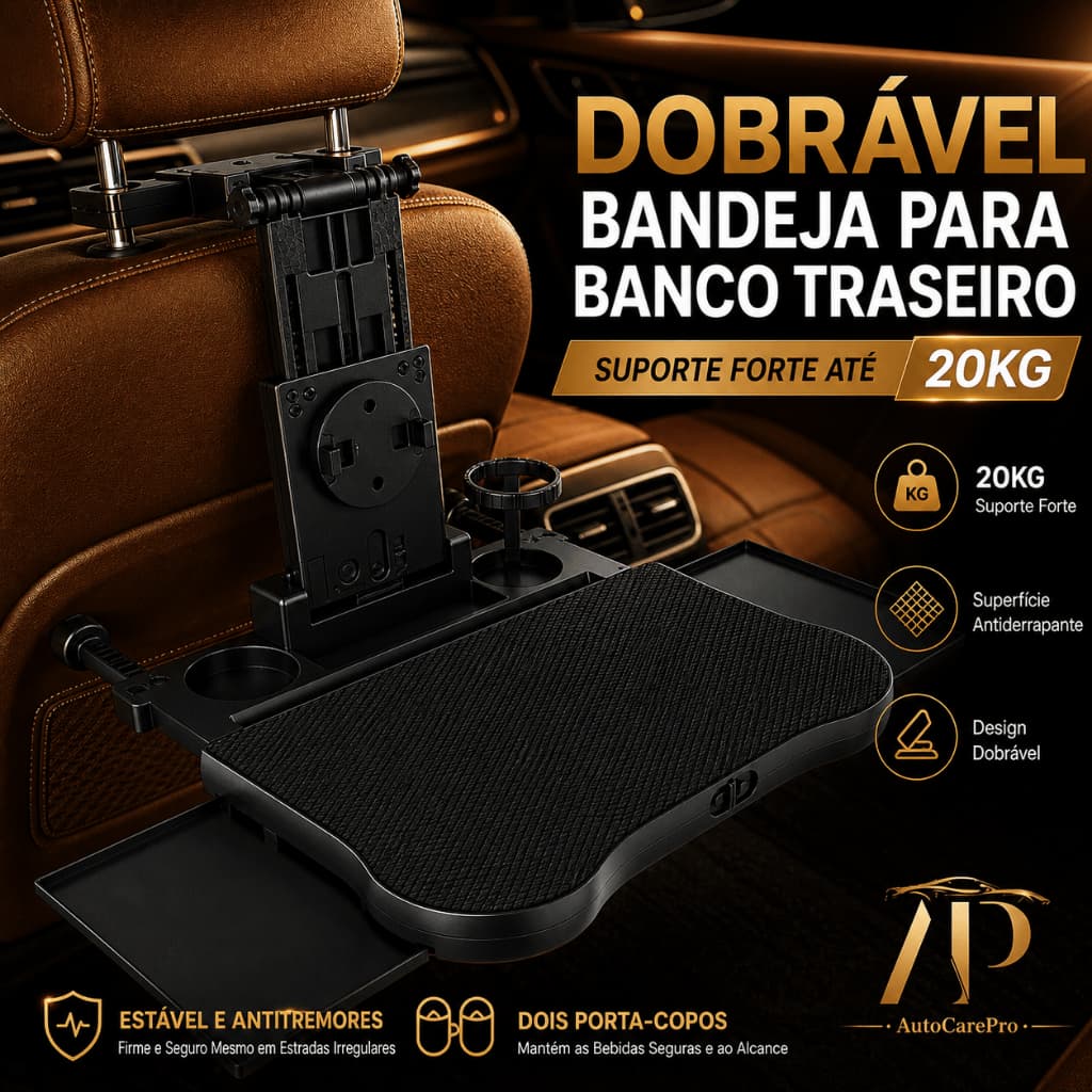 Mesa Dobrável Premium para Encosto de Banco de Carro com Porta-Copos e Suporte para Celular