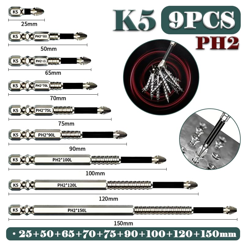 Kit 9 Bits PH2 para Parafusadeira 1/4 em Aço K5 Antiderrapante（25/50/65/70/75/90/100/120/150mm）