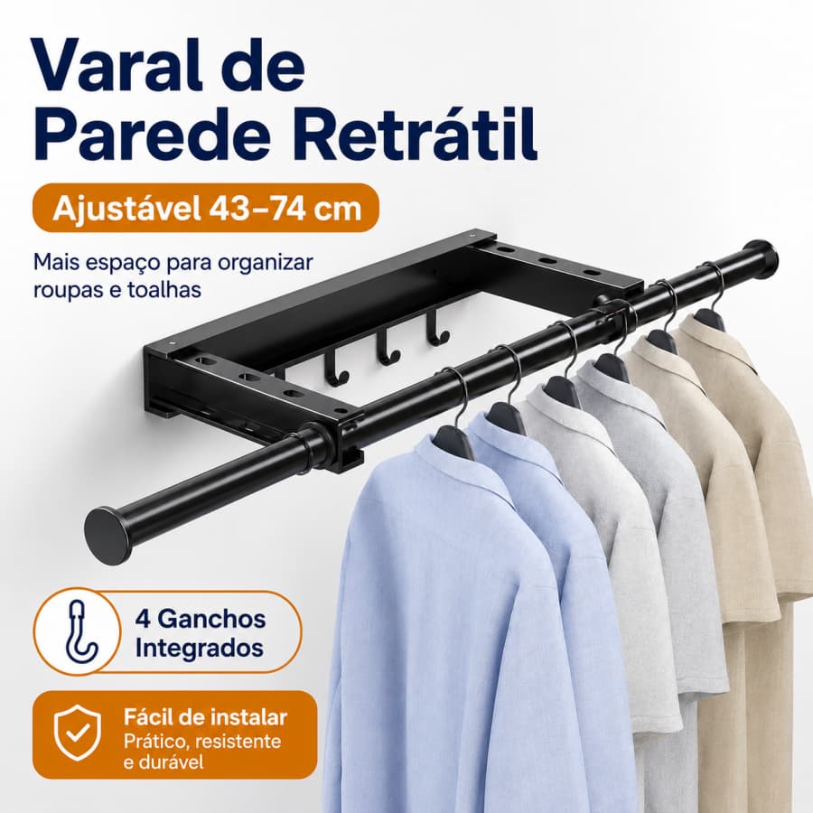Varal de Parede Retrátil Cabideiro Extensível 43–74cm 4 Ganchos Organizador de Roupas