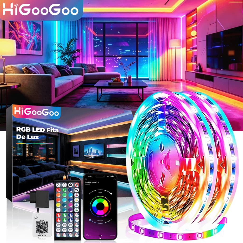 HiGooGoo Fita LED RGB 40/30/20/10m Com APP Controle Remoto Sincronizar a Música Ideal Para Decoração DIY Interna