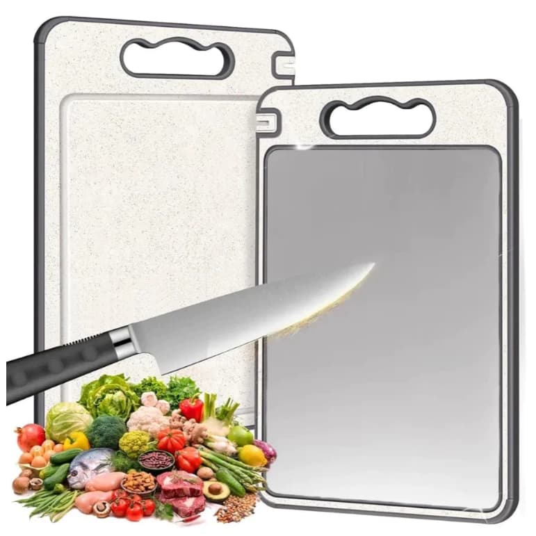 Tábua de Corte Cortar Carne Placa Dupla Face Higiênica em Aço Inox e PP com Afiador e Alça
