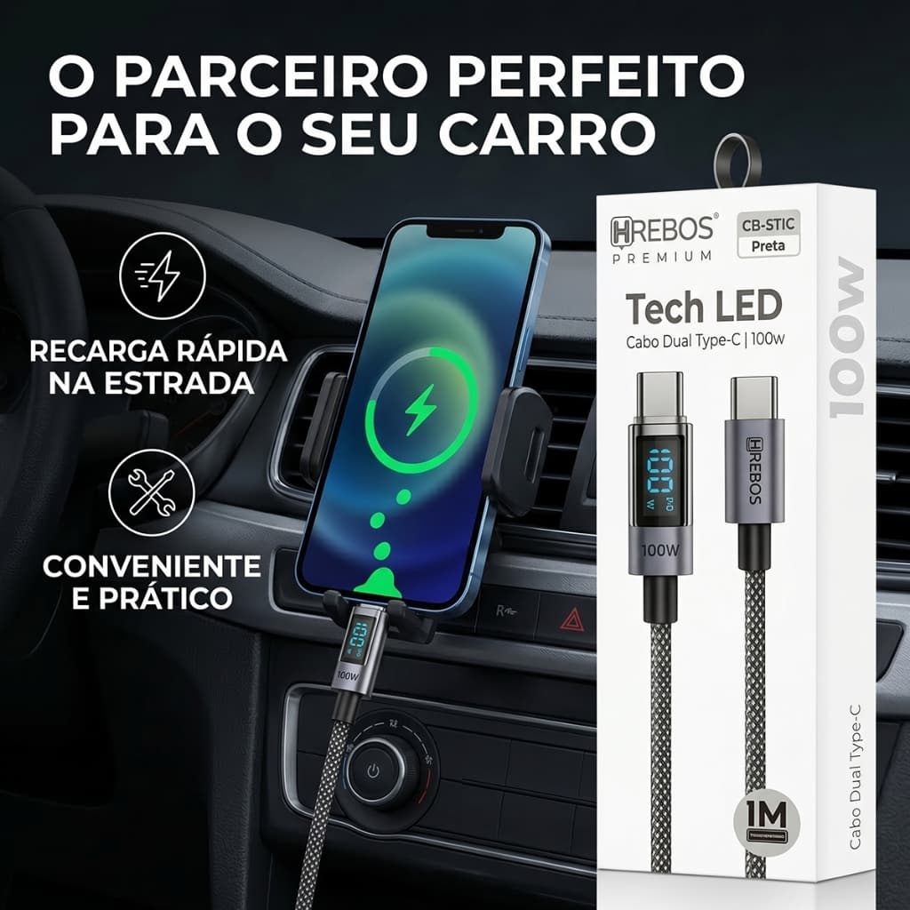HREBOS x HEYOO Cabo de carregamento rápido duplo tipo C 100W para Notebook/carro Universal