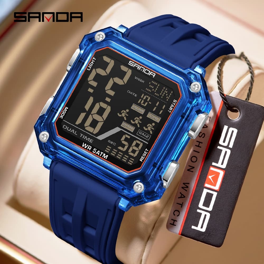 SANDA 6373 Moda Relógio Eletrônico Para Homens Mulheres Mostrador Quadrado Contagem À Prova D'água LED Luminoso Digital