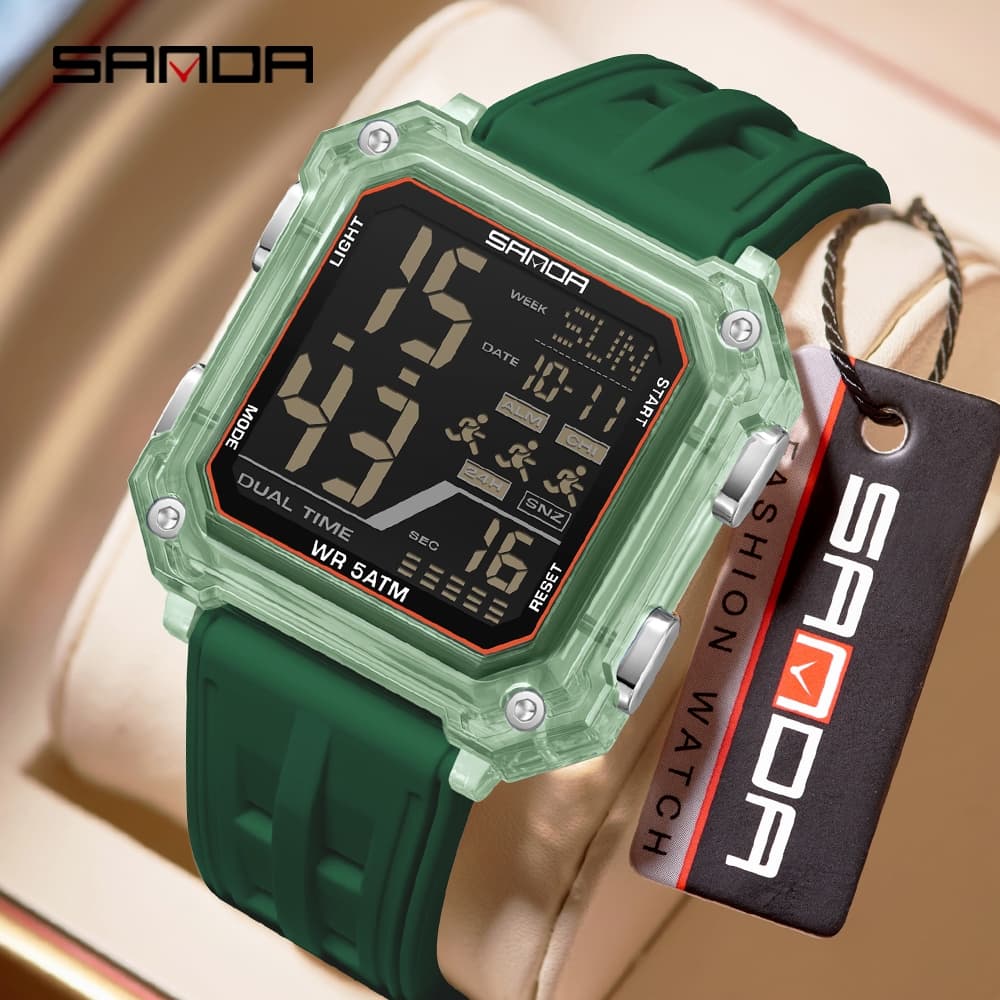 SANDA 6373 Moda Relógio Eletrônico Para Homens Mulheres Mostrador Quadrado Contagem À Prova D'água LED Luminoso Digital