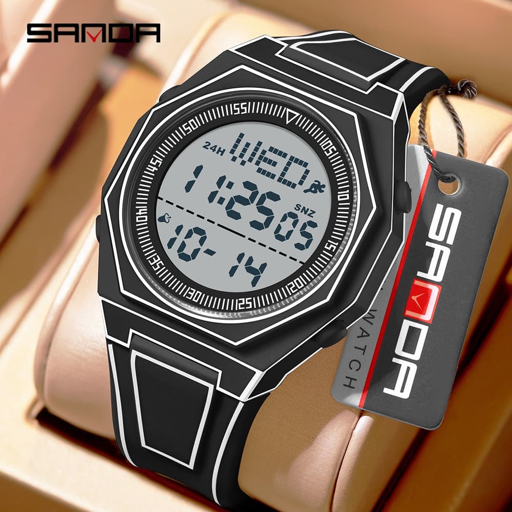 SANDA 9097 Relógio Eletrônico Masculino Esportivo Multifuncional À Prova D'água Cor Luminosa Despertador Temporizador Fe
