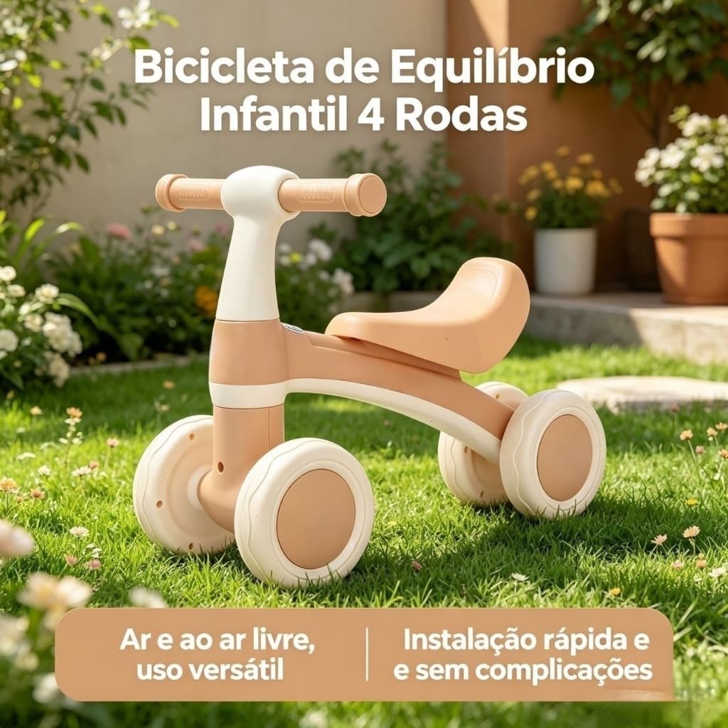 Bicicleta de Equilíbrio Infantil 4 Rodas Silenciosa Bordas Arredondadas para Bebês 1-3 Anos