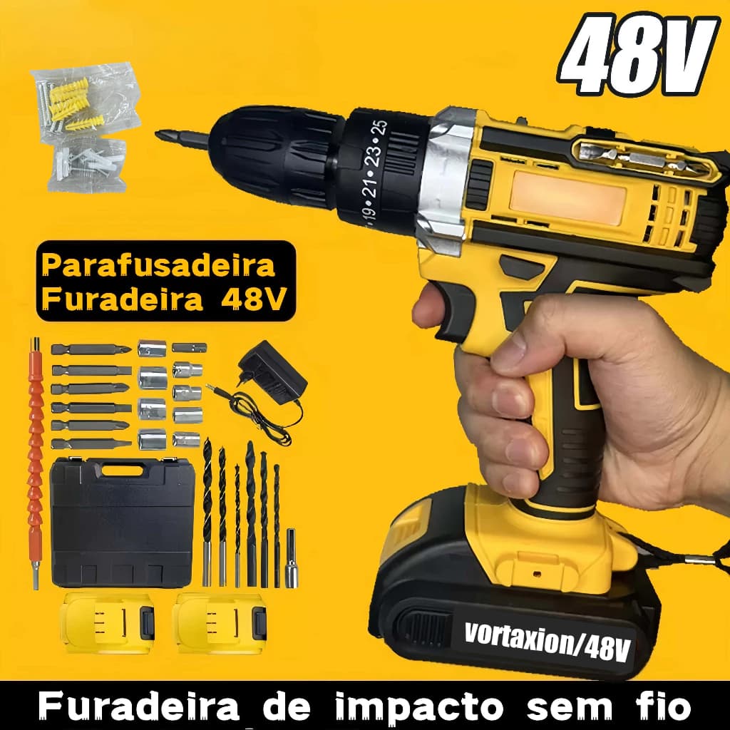 Parafusadeira 48V Recarregável Kit Profissional Com 2 Baterias Maleta e Acessórios Completos