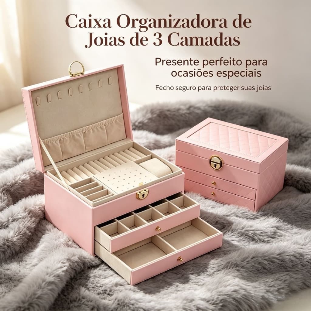 Caixa de Bijuterias Couro PU Multicamadas, 2/3 Camadas com Trava, Presente Feminino Rosa e Verde