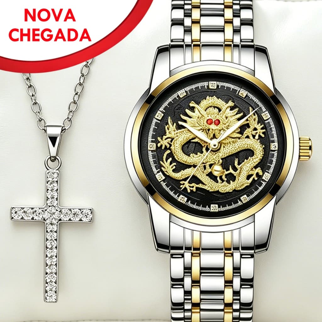 Relógio Masculino Quartzo Dragão Chinês Pulseira Aço Inoxidável Visor Luminescente Resistente À Água 3ATM