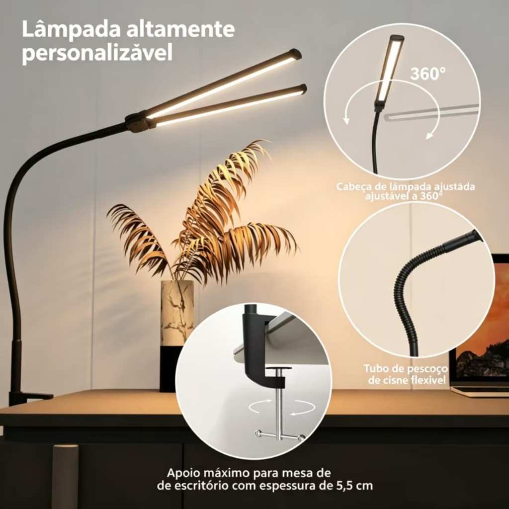 Luz de mesa tricolor com ajuste de 360° e barra de luz flexível em forma de ganso.