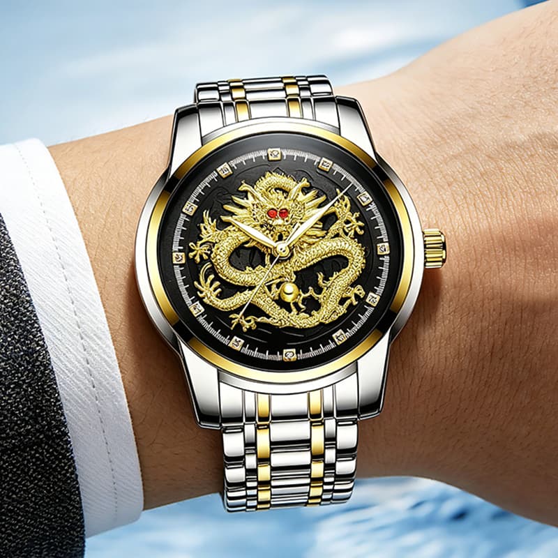 Rel贸gio Masculino Luxo A莽o Inox 3D Gravura Drag茫o Ouro Quartzo Luminoso Resistente 脌 Prova D'谩gua Formal Presente Homem