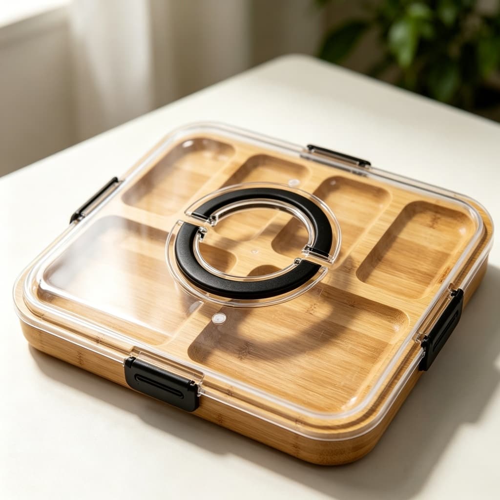 Tabua Para Servir e Proteger Alimentos com Tampa Transparente, Bandeja Grande de Bambu Premium