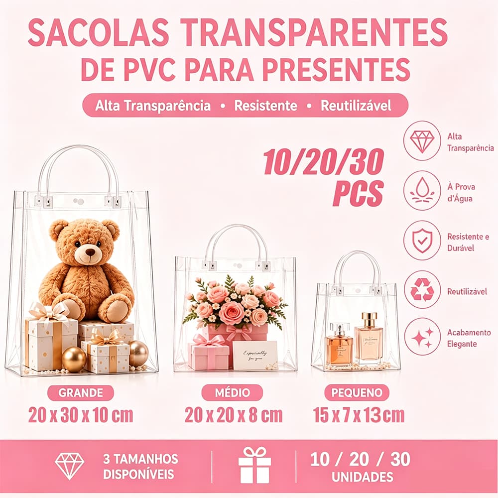 30 peças de saco de presente transparente com alça saco de festa de plástico transparente de PVC