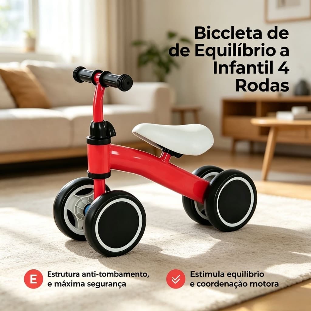 Bicicleta Equilíbrio Infantil 4 Rodas Anti-Tombamento Brinquedo Treino Coordenação para Bebês