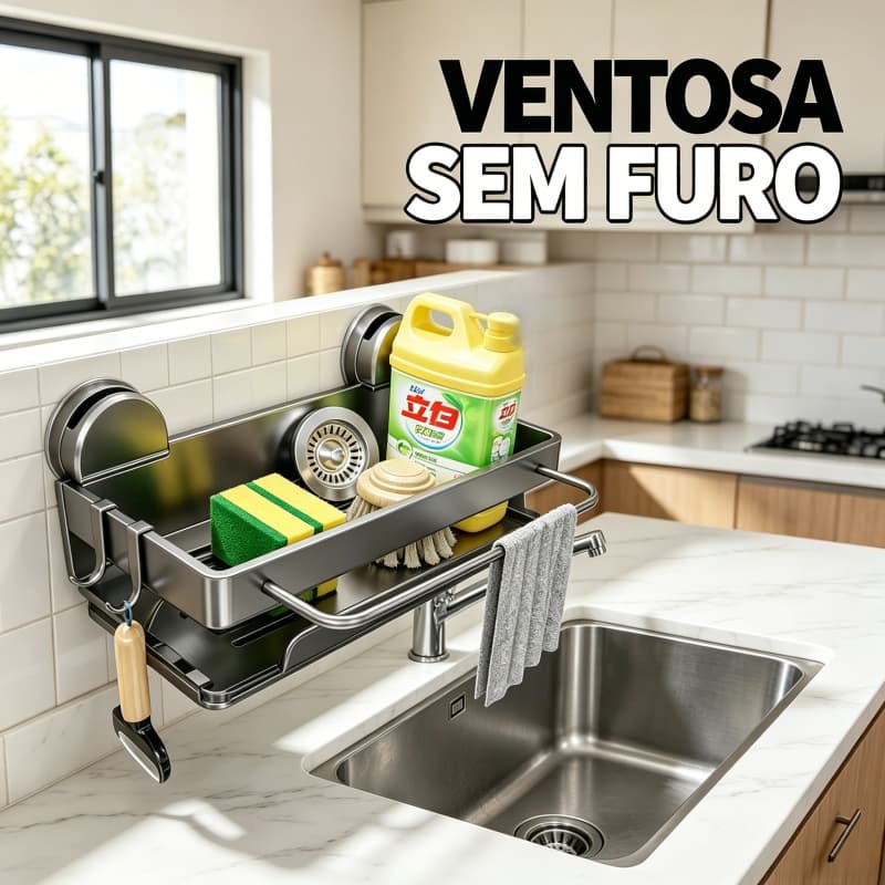 Suporte pia ventosa sem furo aço inox, organizador com haste suspensa e bandeja coletora de água para cozinha