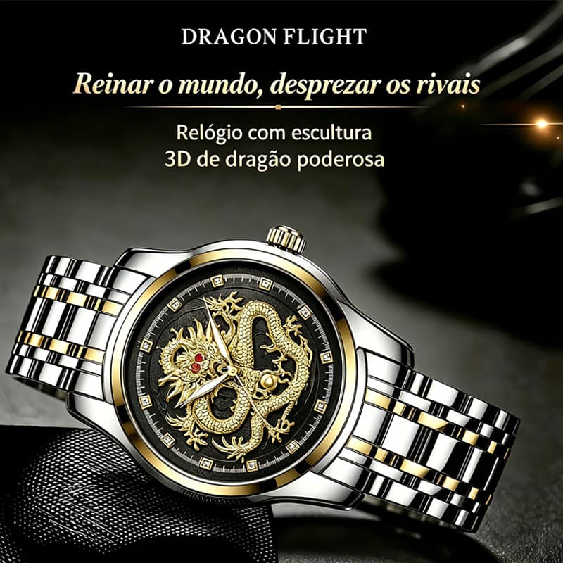 Rel贸gio Pulso Masculino Quartzo Luxo Drag茫o Dourado 3D A莽o Inox Luminoso Resistente 脌 脕gua 3ATM Frete Gr谩tis