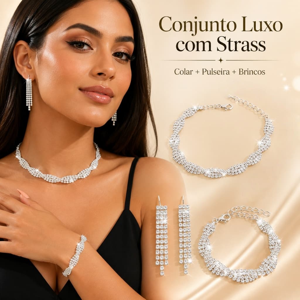 Conjunto de Joias de Casamento 3 em 1 Incluindo Colar de Diamantes Brincos e Pulseira Elegante e Brilhante
