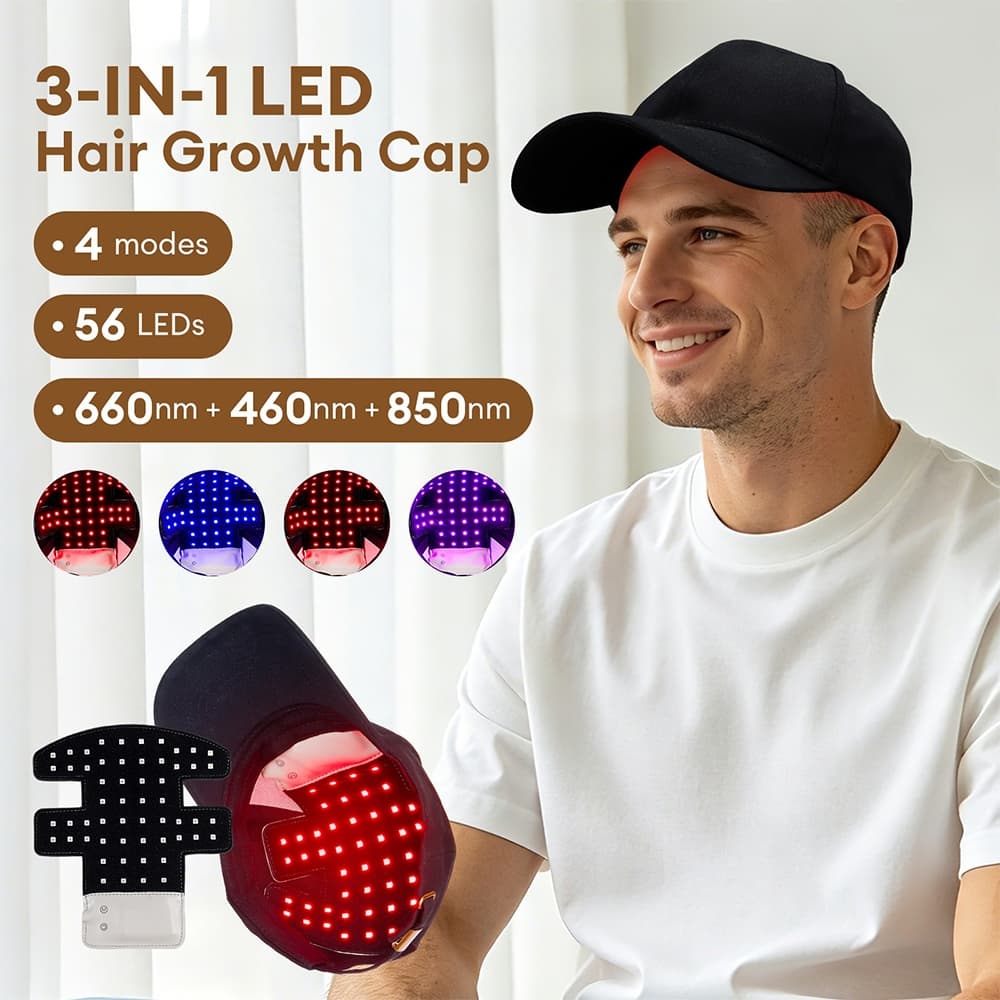 Boné Portátil Sem Fio Para Crescimento De Cabelo , Design De Aba Removível , Terapia De Luz Vermelha Perda 3 Brilhos , A