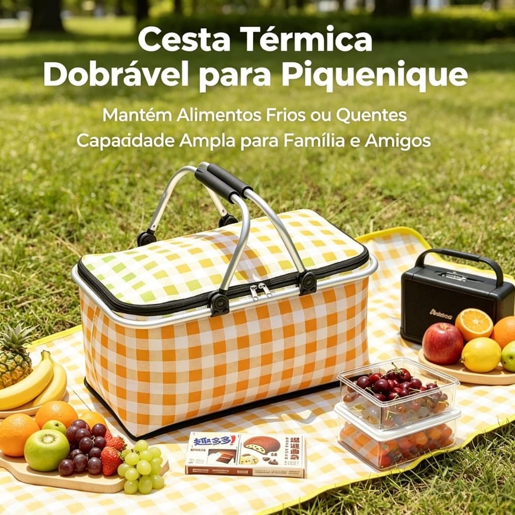 Cesta Térmica de Piquenique Dobrável Portátil Isolante Mantém Calor e Frio Cores Xadrez Variadas