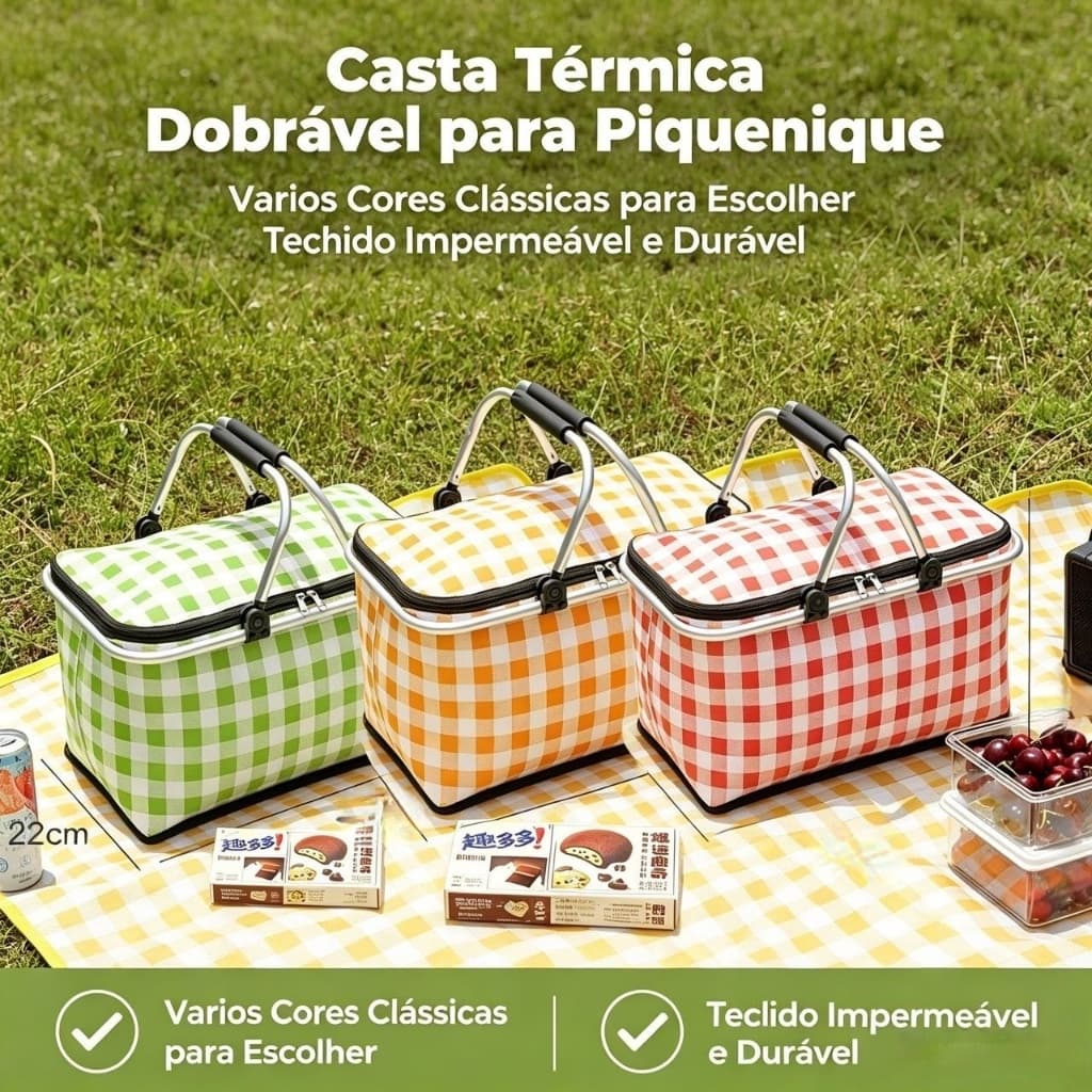 Cesta Isolante de Piquenique Dobrável com Alça, Conserva Frio e Calor Varias Cores Xadrez
