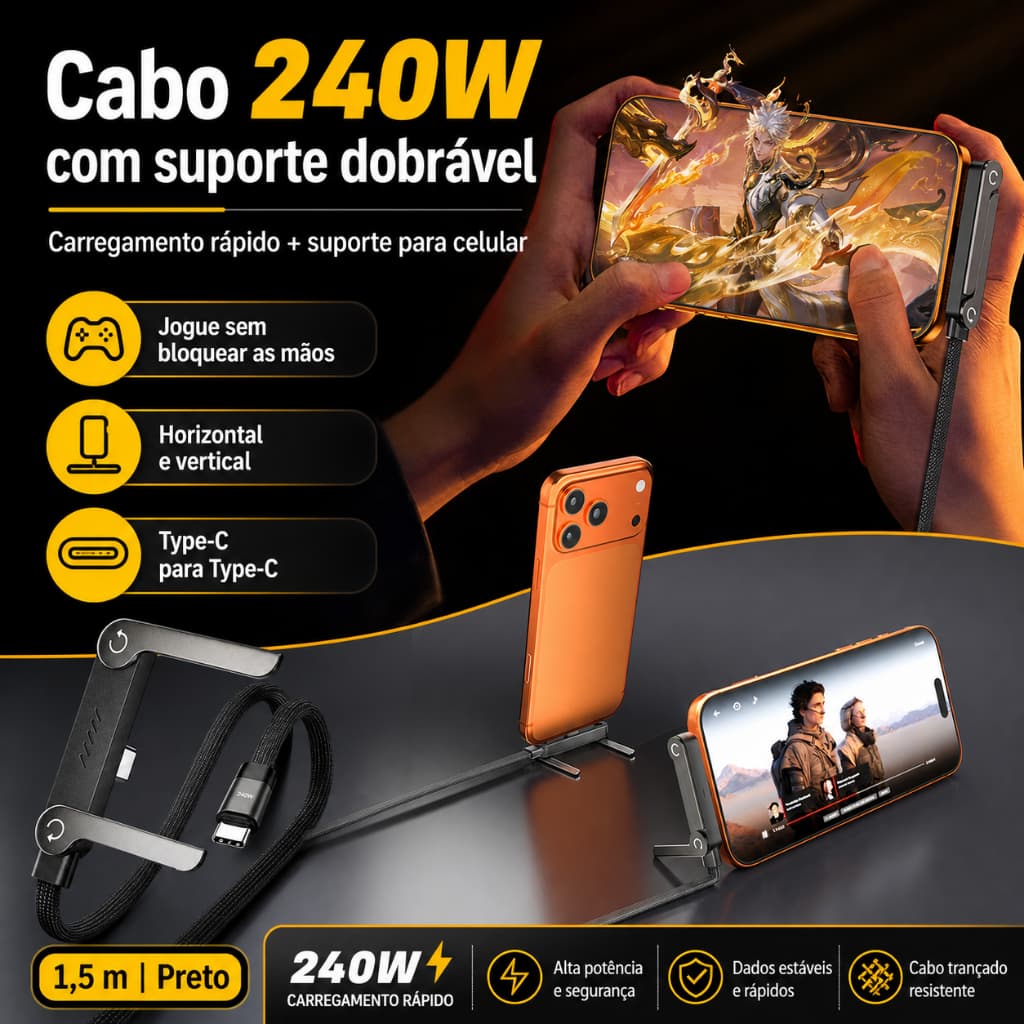 Cabo Carregador 240W Turbo 2 em 1 Type-C Trançado Resistente com Suporte Dobrável Carga Ultra Rápida