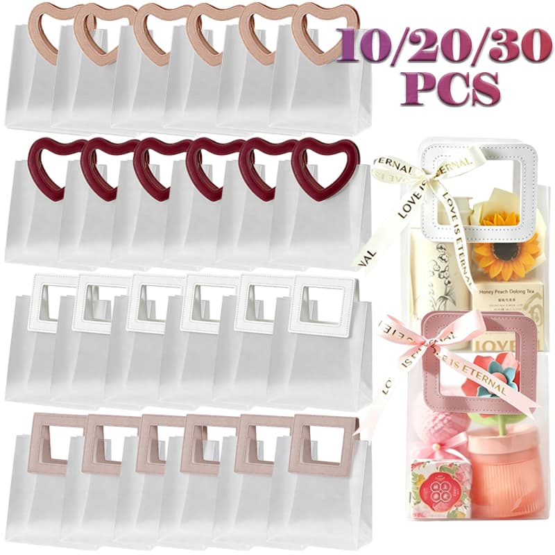10/20/30 pcs sacola de presente pvc fosca transparente, alça coração ou quadrada, várias cores, ideal para lembrancinhas