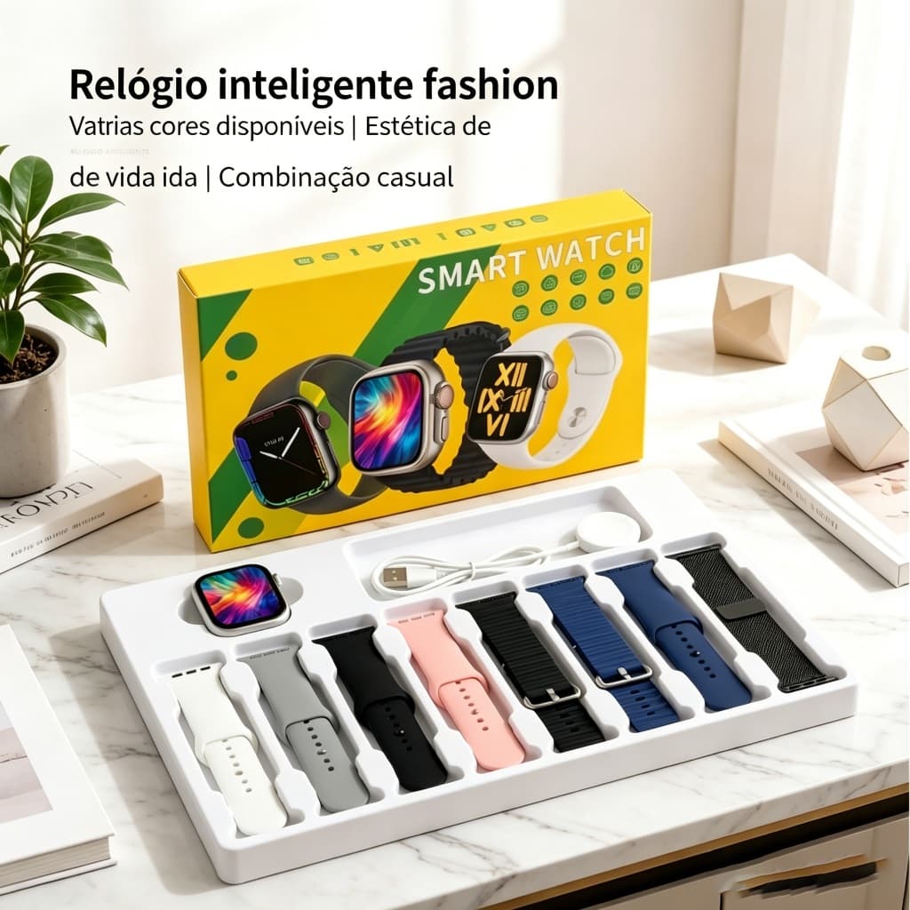 Multifuncional 7 Em 1 Smartwatch Relógio Inteligente Alças De Vários Tamanhos Grande Tela De Toque Completa Ideal Para E
