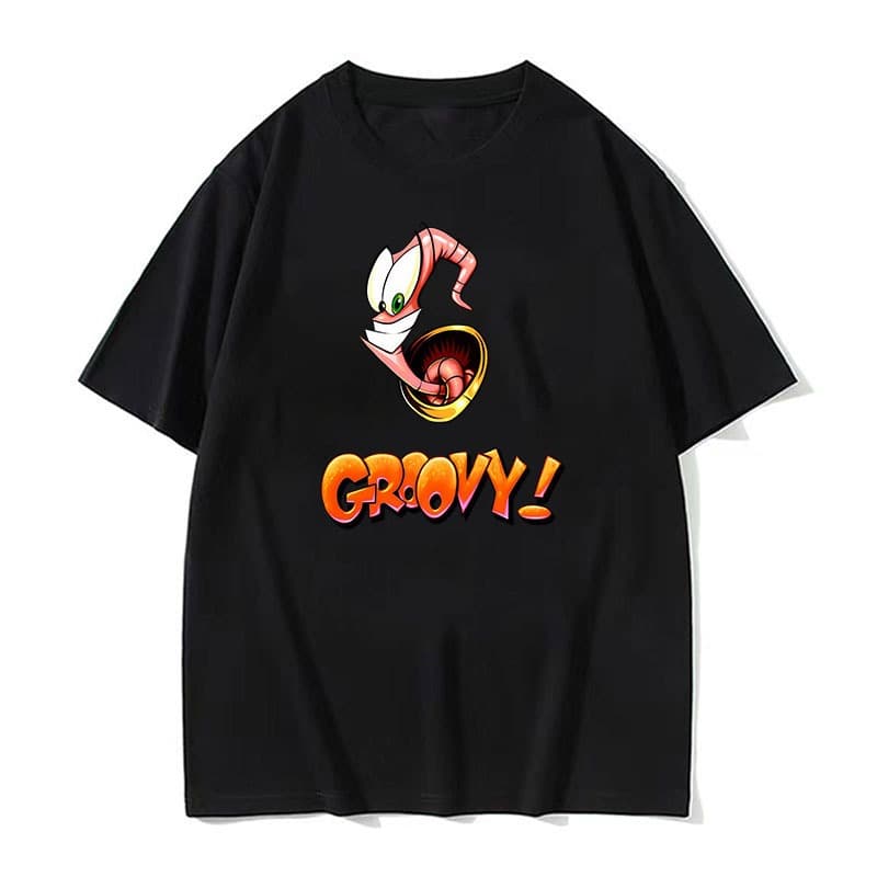 Videogame Retrô Dos Anos 90 Earthworm Jim " Groovy ! " Camiseta Preta Oversized Com Estampa Gráfica Unissex Algodão Casu