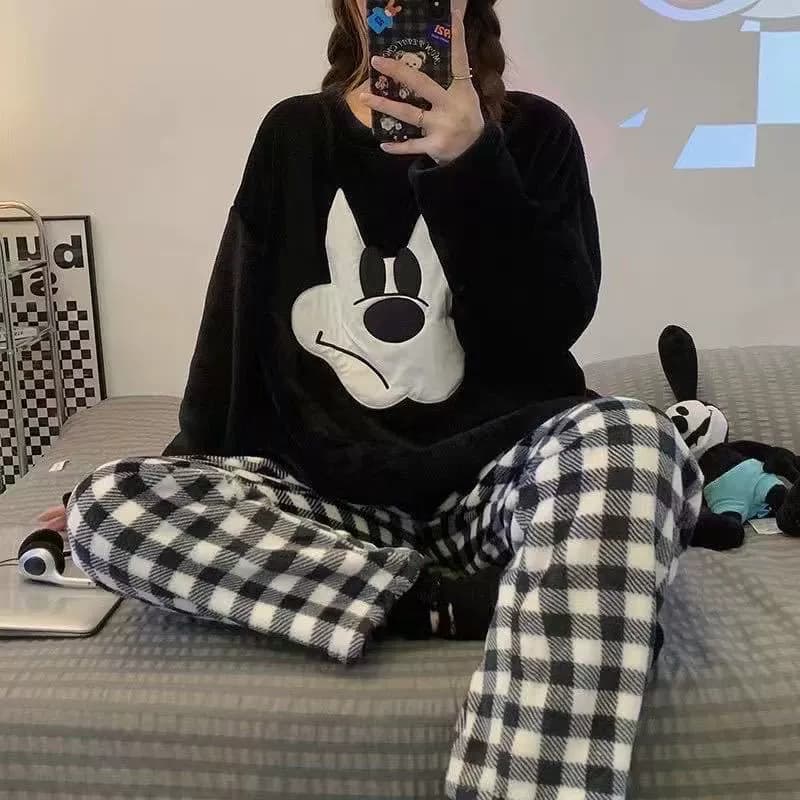 [Envio em 48 Horas] Pijama Casual de Flanela para Mulheres, Manga Longa, Calças de Pijama em Fleece Coral, Pijamas de Fl