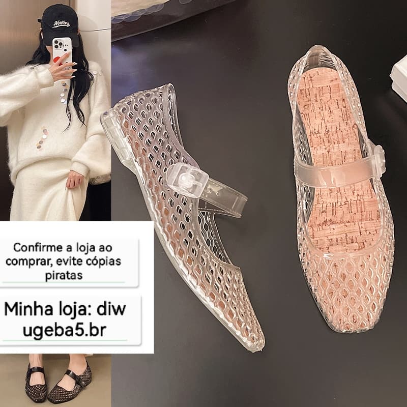 Sandálias femininas ocas moda verão fivela plana cinta respirável sapatos de cristal Mary Jane