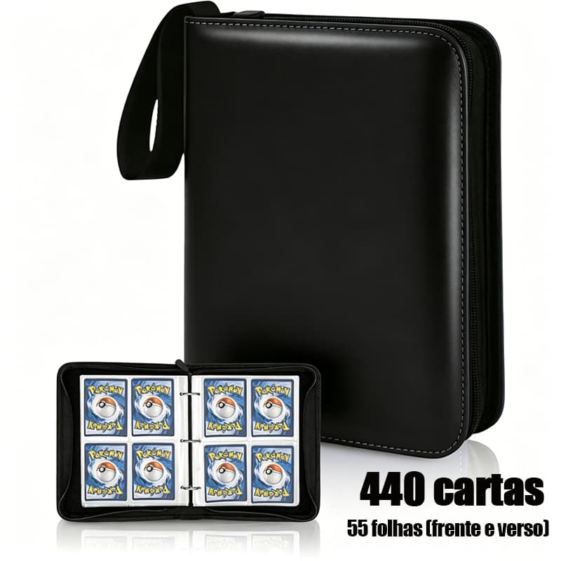 Álbum de capa dura com zíper, capacidade para 440 cartas, 55 folhas protetoras para Pokémon, Magic e Yu-Gi-Oh