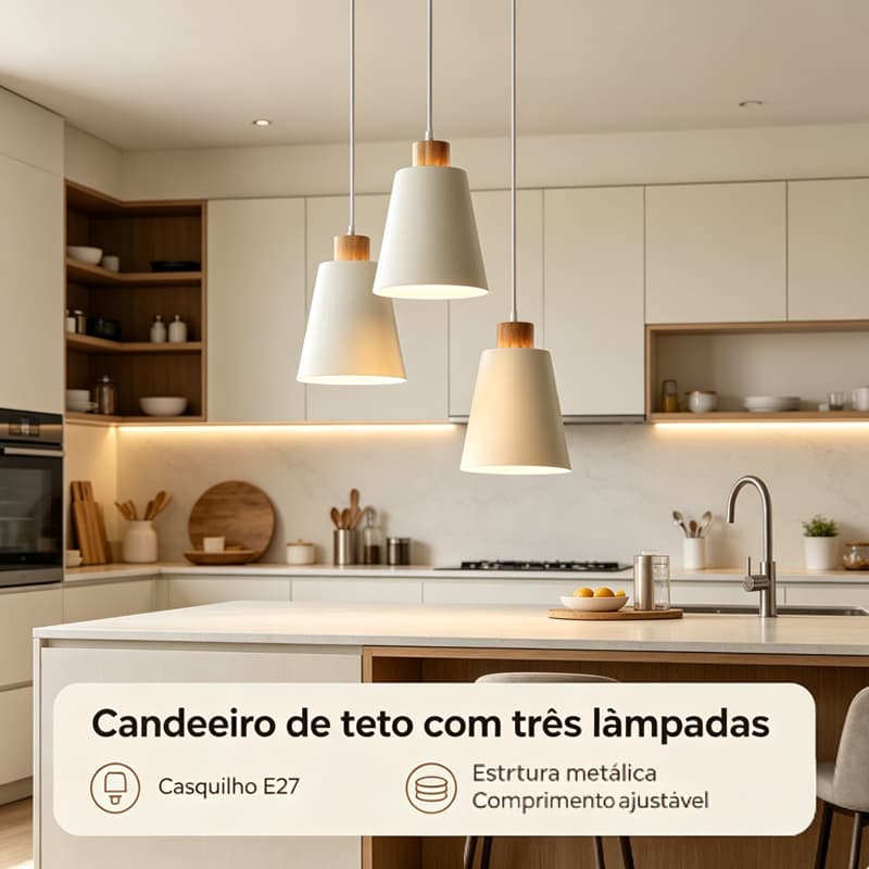 Pendente Nórdico 3 Lâmpadas 3 Tons de Luz Bivolt, Para Sala de Jantar Cozinha e Quarto Entrega Imediata SP