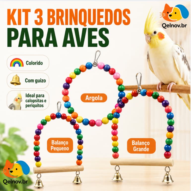 Kit 3 Acessórios Brinquedos para Calopsita, Agapornis, Periquito e Outras Aves Pequenas