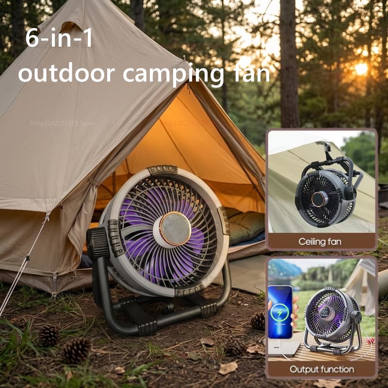 2026 Ventilador De Acampamento 20000mAh Ao Ar Livre Recarregável Portátil Circulador Sem Fio Tenda Teto Com Gancho E Luz